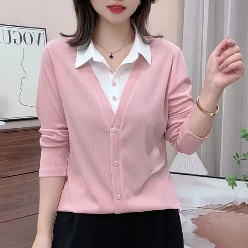 2025春秋气质显瘦常规薄款宽松女装衬衫极简风拼接假两件百搭上衣