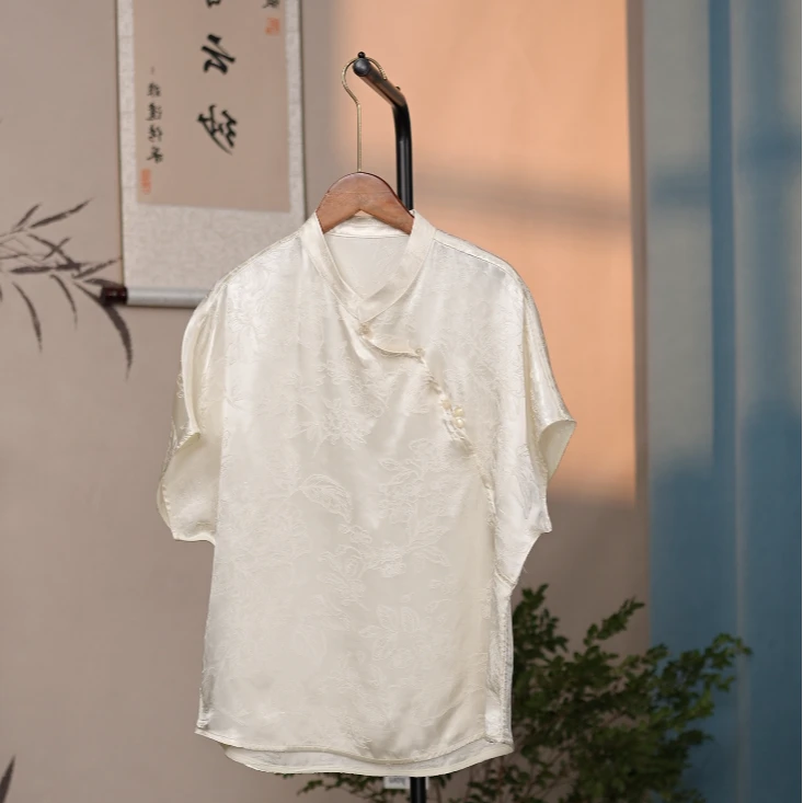 【简夜】-100桑蚕丝高定香云老料提花斜襟立领上衣衬衫小飞袖