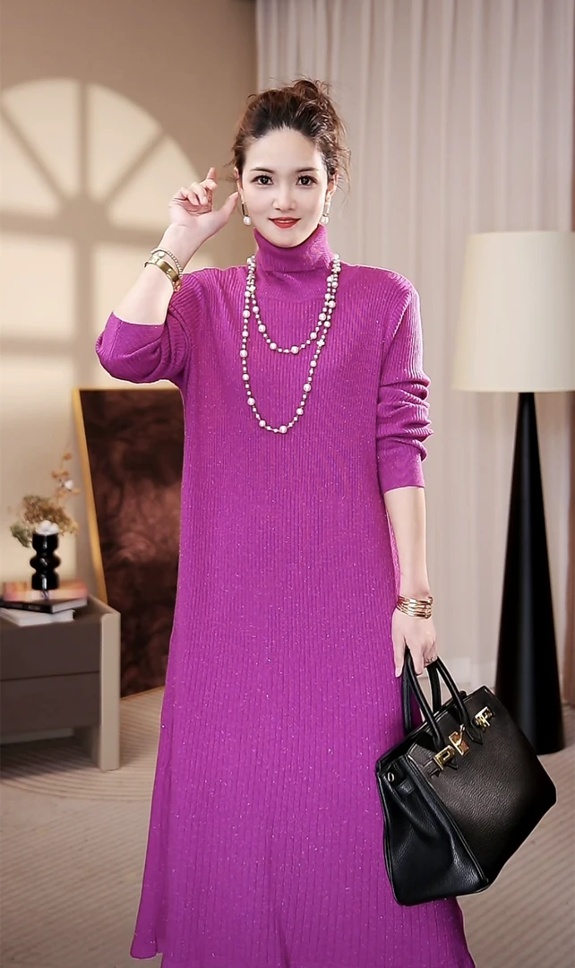 品质[细条纹]高翻领玫红秋冬保暖妈妈气质打底毛衣连衣裙-6275-1#