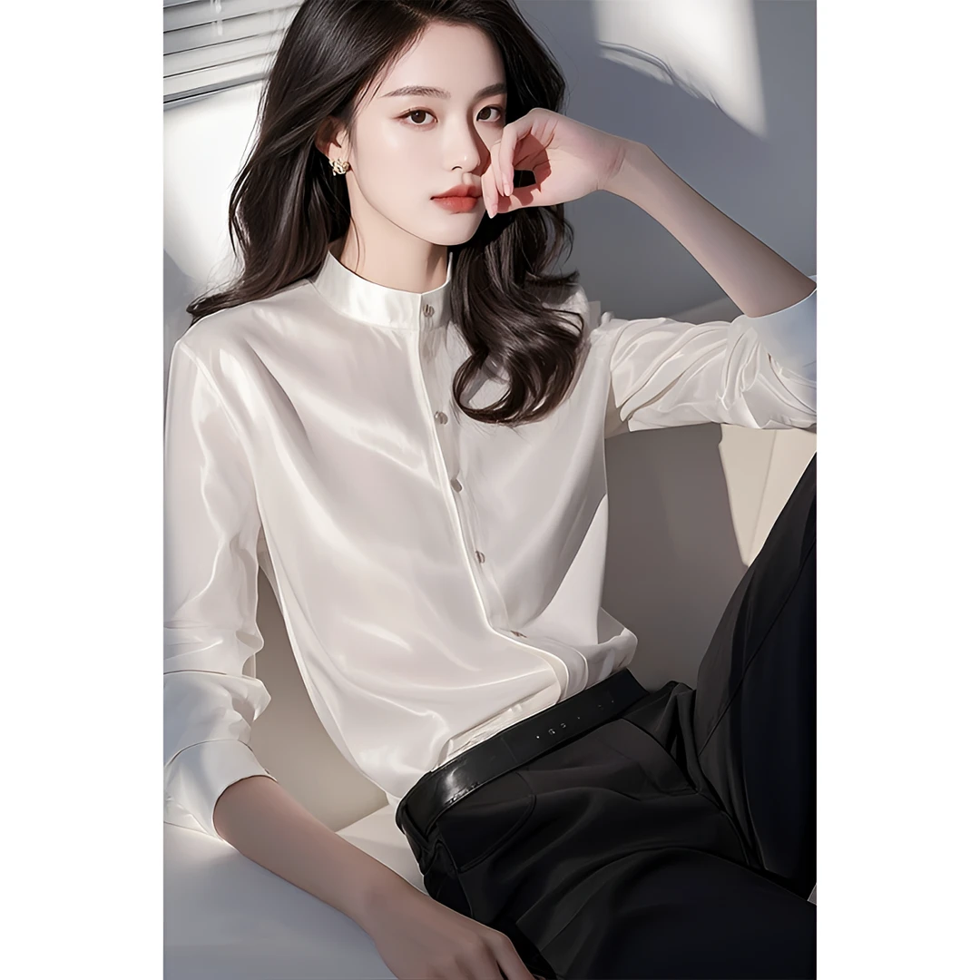 今年爆款白色立领缎面长袖衬衫2025早春女装高端内搭叠穿职业衬衣