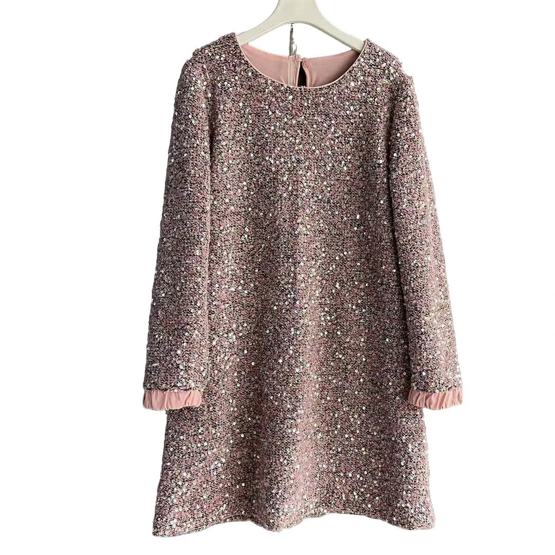 秋季不规则领法式亮片春秋连衣裙显瘦秋冬碎花气质休闲