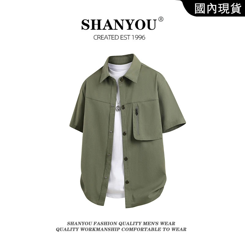 2025新款美式复古翻领短袖衬衫男士侧口袋设计宽松休闲半袖体恤衫