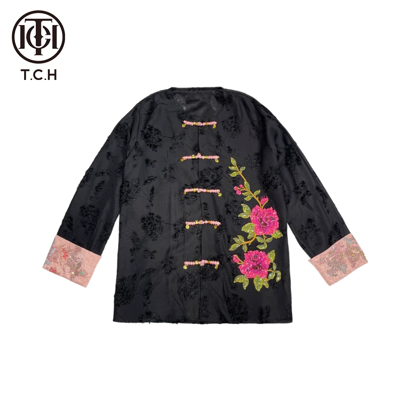 TCH潮牌重工刺绣烫钻时尚春夏新中式黑色衬衫T72B27E6016