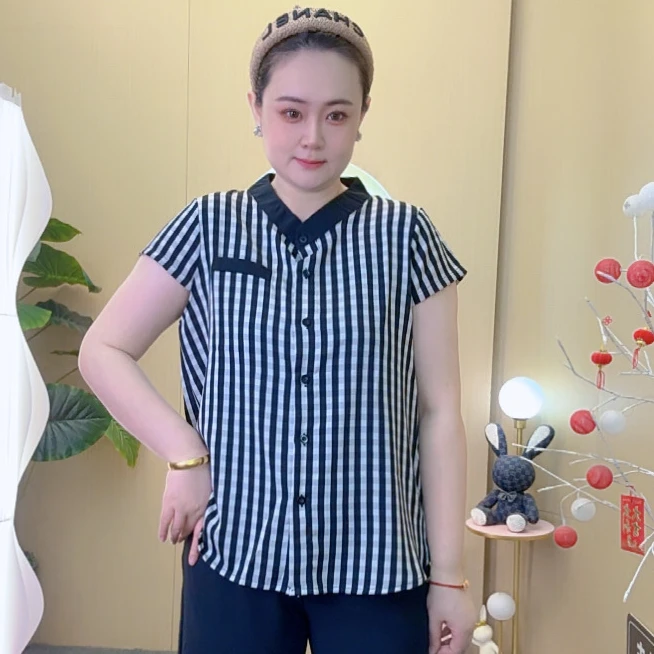 2025夏季新款半袖T恤大码显瘦气质时尚百搭宽松条纹欧花89923