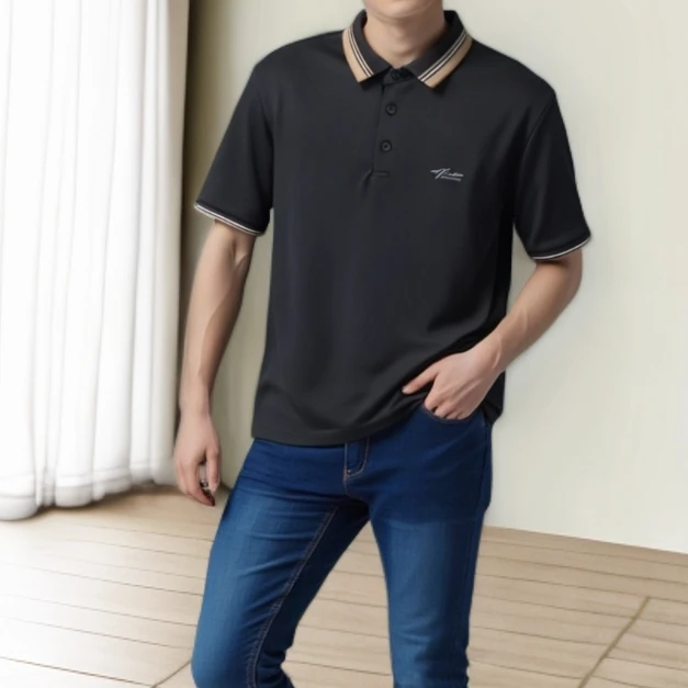 【秋映03】男士夏季黑色棉质POLO衫