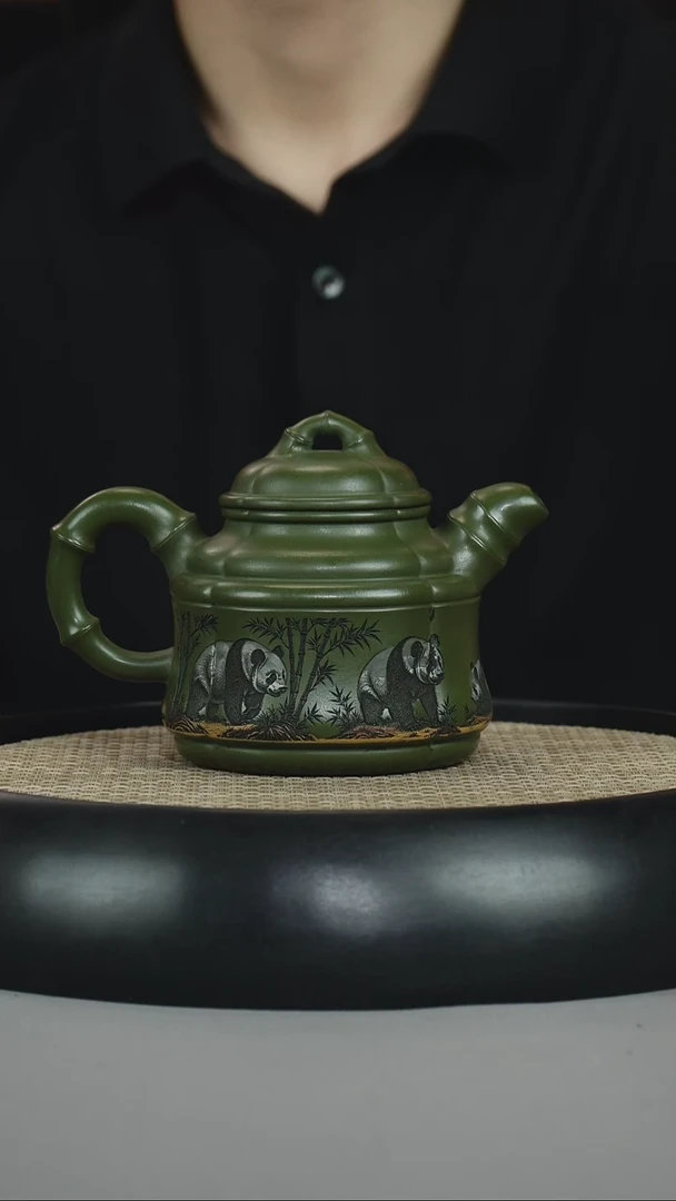 茶壶紫砂绿泥 竹鼎 刻熊猫