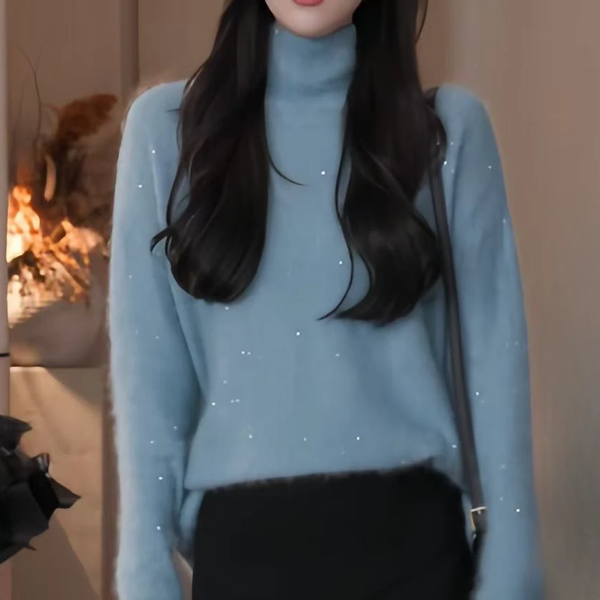 秋冬新款宽松圆领纯色套头长袖毛衣针织衫女时尚百搭显瘦长袖毛衣