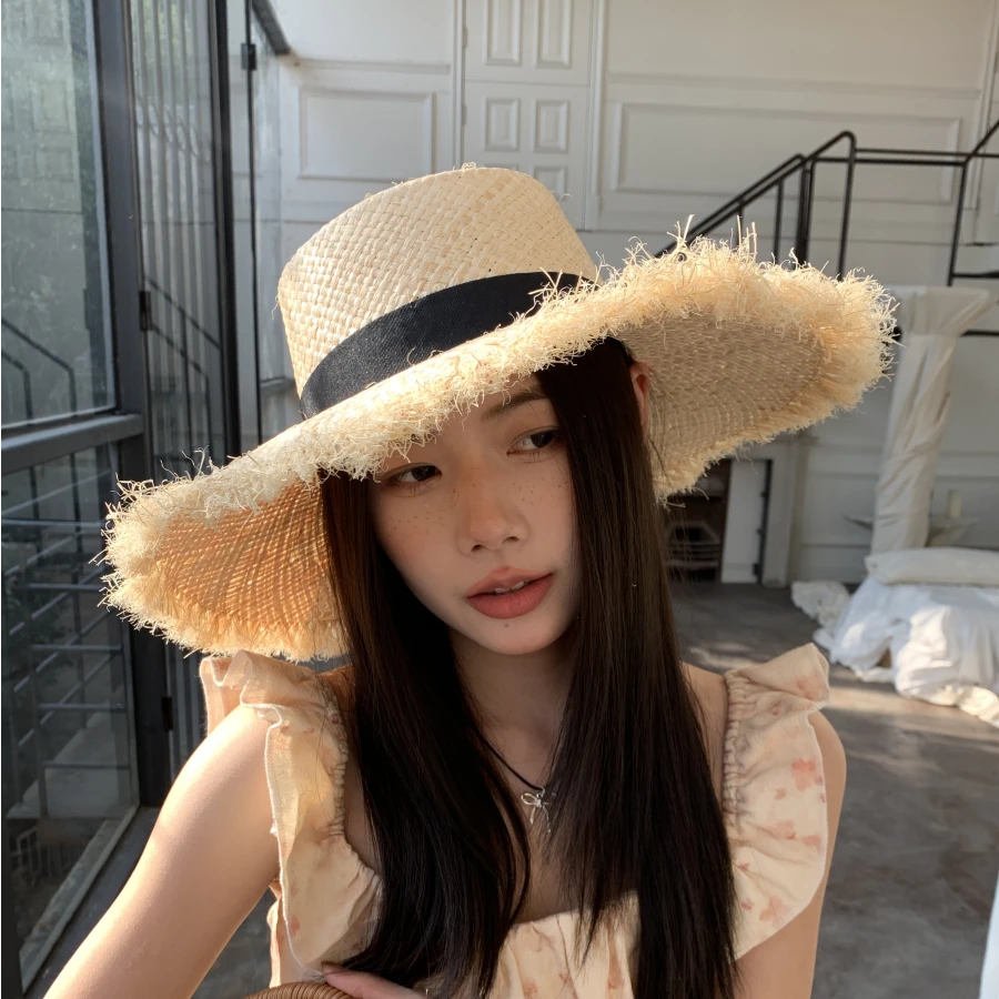 新款夏季拉菲草编织草帽女毛边大沿沙滩太阳帽海边度假遮阳帽子