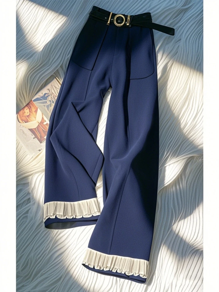 2025新款爆款小个子高级感超好看宽松慵懒风藏青色蕾丝拼接阔腿裤