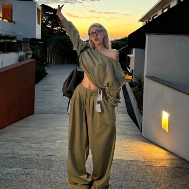 2025春装新款美式短款露肩卫衣阔腿裤套装女休闲运动直筒裤两件套