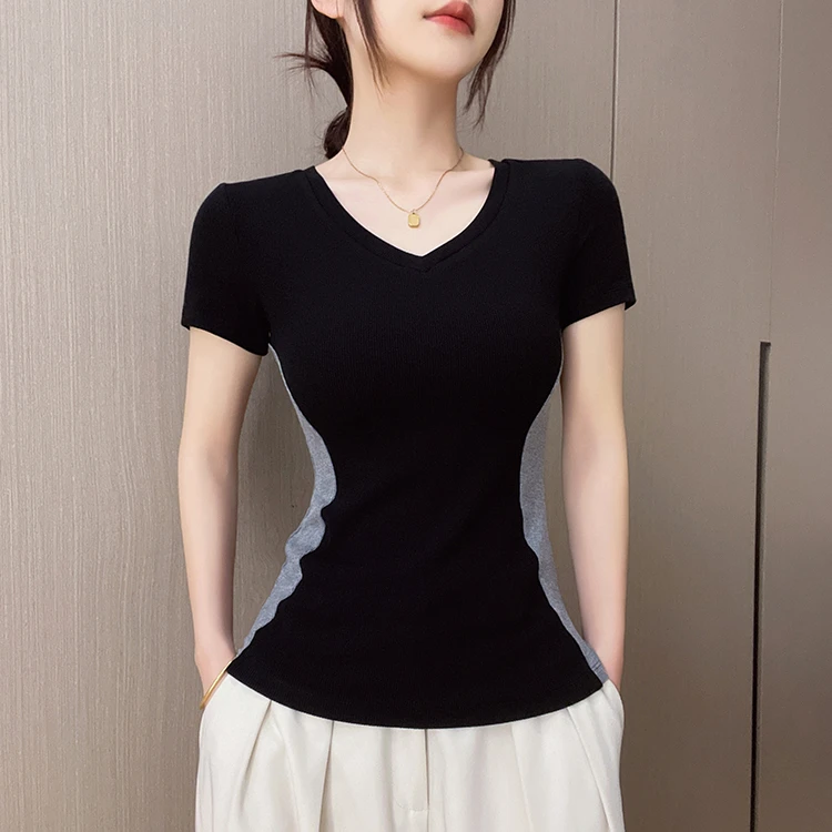 黑色正肩V领短袖t恤女夏季2025新款螺纹设计感撞色体恤显瘦上衣潮