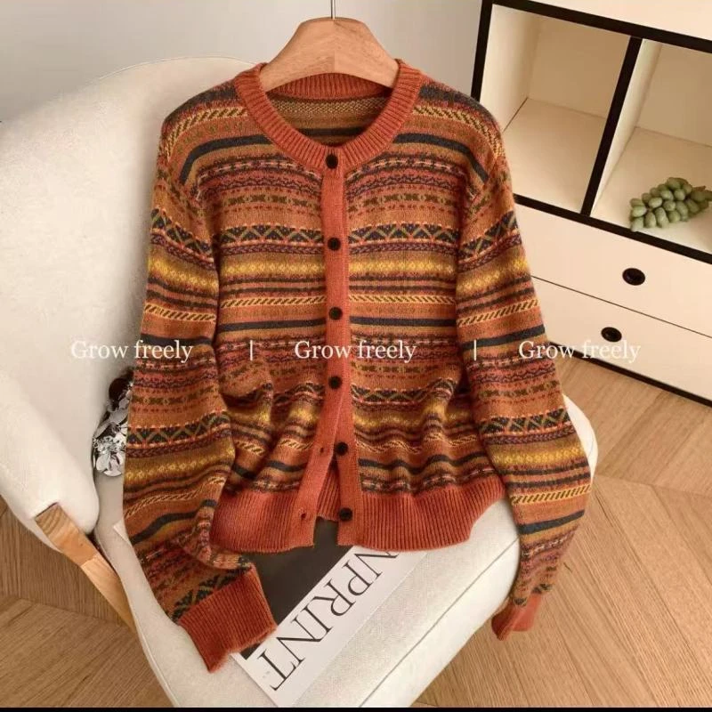 【轻奢风】复古提花圆领单排扣针织开衫-T466（实物以直播间为准）