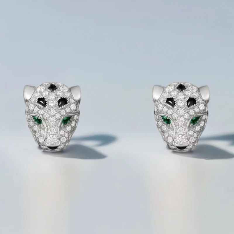 18K金满钻斑点豹头耳饰 CZ