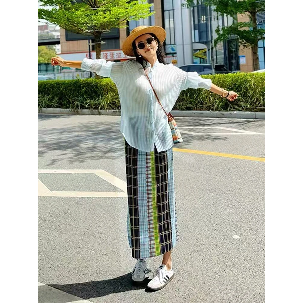 2025新款女夏季薄款松紧腰三宅格子撞色压褶皱褶遮胯直筒半身裙