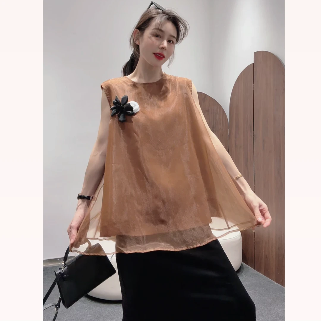 【雪儿姐姐】新款上衣圆领气质女装法式无袖时尚百搭别致T