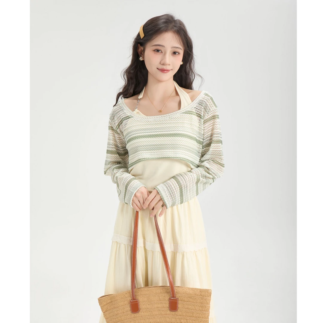 慕兔法式条纹针织衫搭配纯色吊带两件套女2025秋季新款宽松显瘦