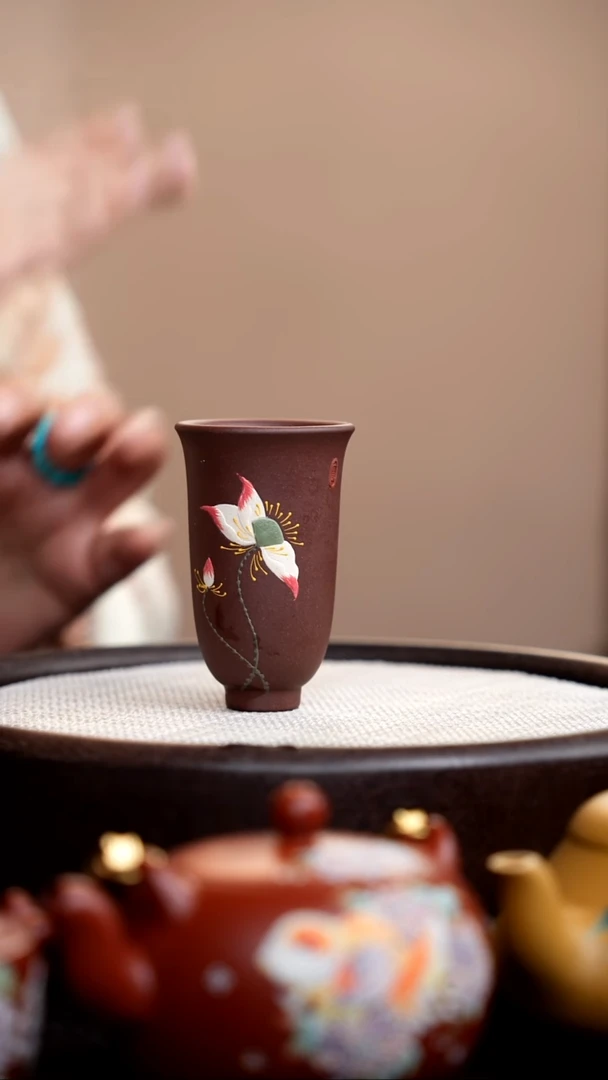 茶壶紫砂紫泥高铃铛杯彩荷