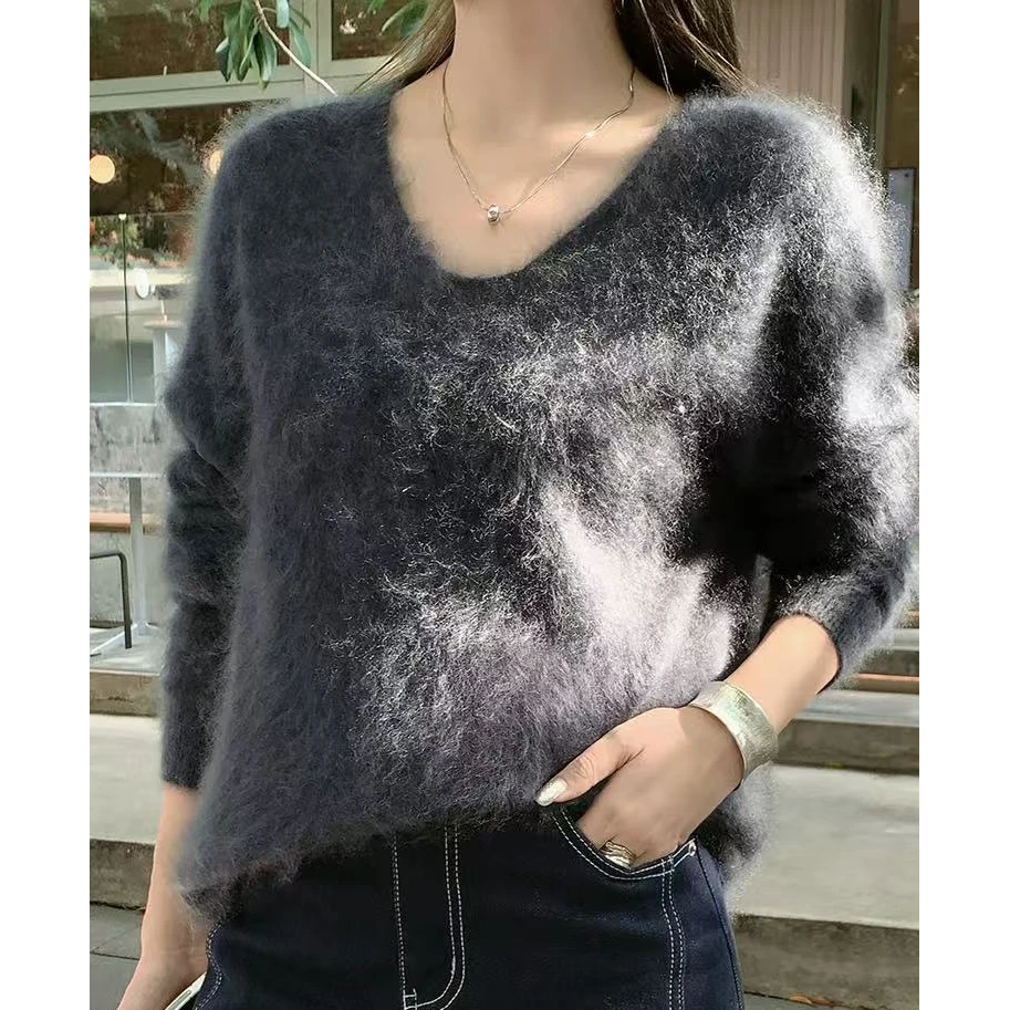 美洋MEIYANG 蓝鲸羊绒毛衣 如烟如雾~全羊绒拉绒V领针织衫-周二