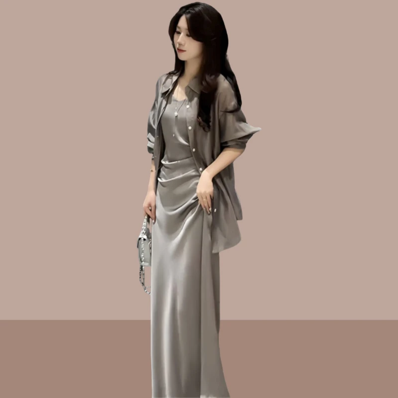 时尚洋气连衣裙套装女2025夏季款高级感防晒衬衫吊带裙显瘦一整套