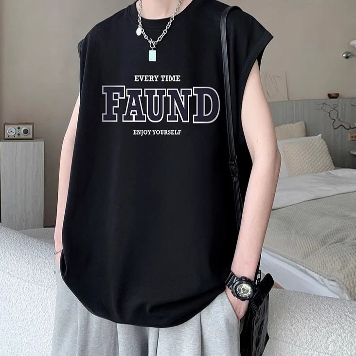 加肥加大码300斤字母简约宽松印花无袖背心男夏季ins潮牌坎肩上衣