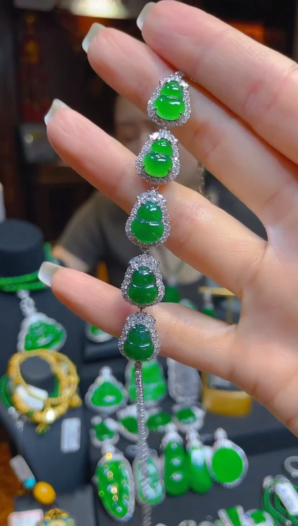 银S925镶嵌手链翡翠天然A货翡翠葫芦手链/137389