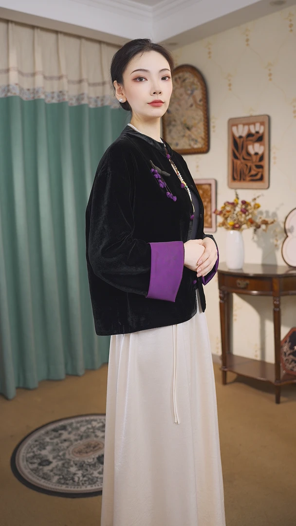 [紫嫣]2025秋季新品重磅丝绒中式女装双面双穿长袖上衣
