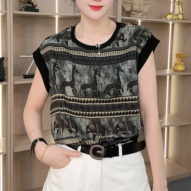 2025圆领常规款印花短款针织短袖T恤夏季背心网红清凉感潮流