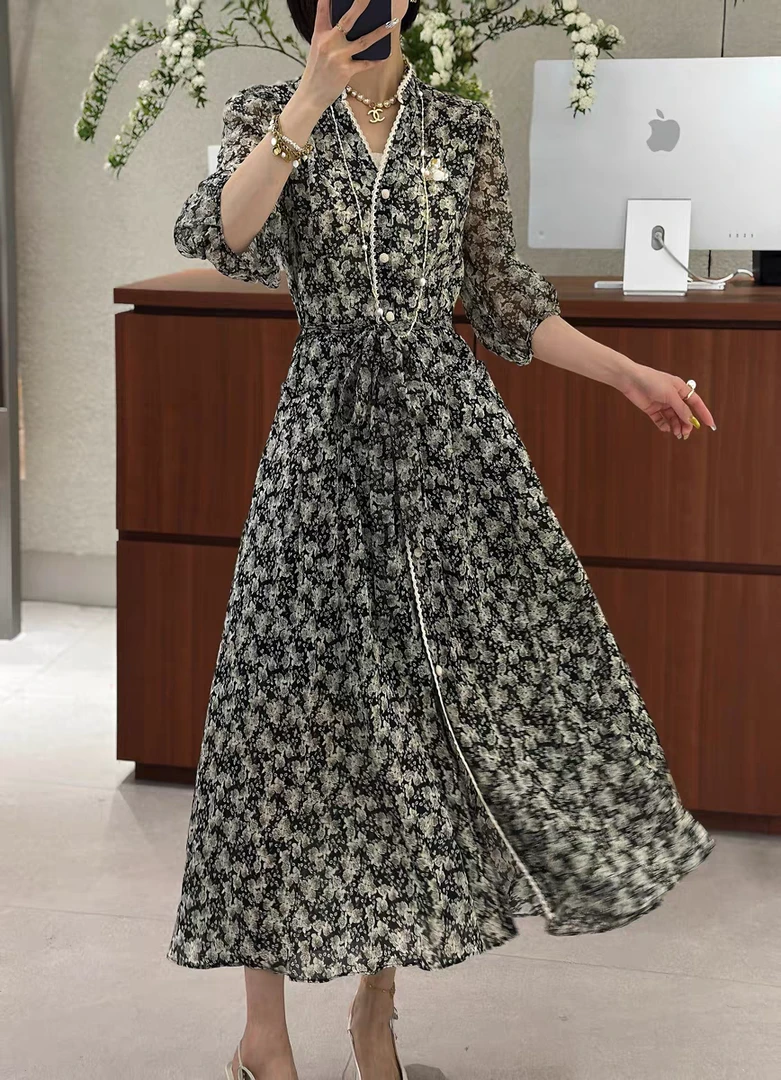 6027芭莎家桑蚕丝亚麻连衣裙