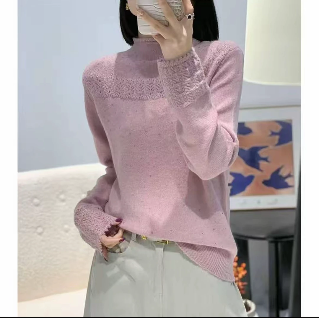 半高领毛衣女宽松秋冬新款洋气设计感百搭纯色烫钻时尚打底针织衫