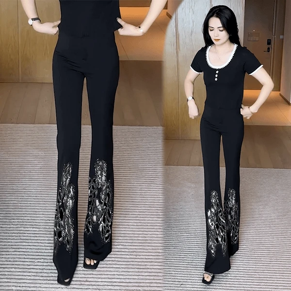 时尚百搭气质时髦微喇裤女2025夏季新款闪耀亮钻镂空显瘦休闲裤潮