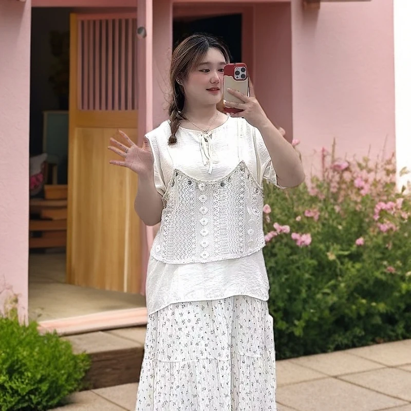 6妮妮家6752夏季新款镂空亮片波西米亚风假两件上衣