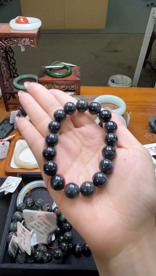 未镶嵌手串和田玉卡12新疆墨玉青花 圆珠