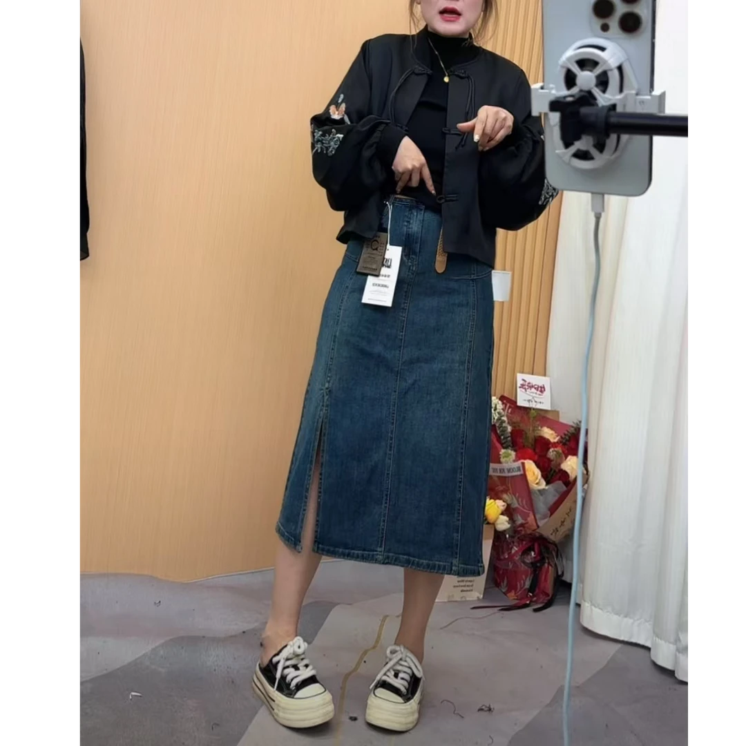 JW01# 侧开叉高腰显瘦牛仔半身裙