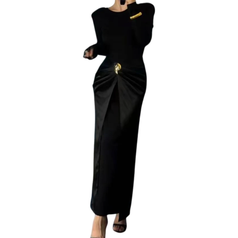 大漂亮家拼接假两件连衣裙冬新款高级感圆领垫肩长袖遮肚显瘦长裙