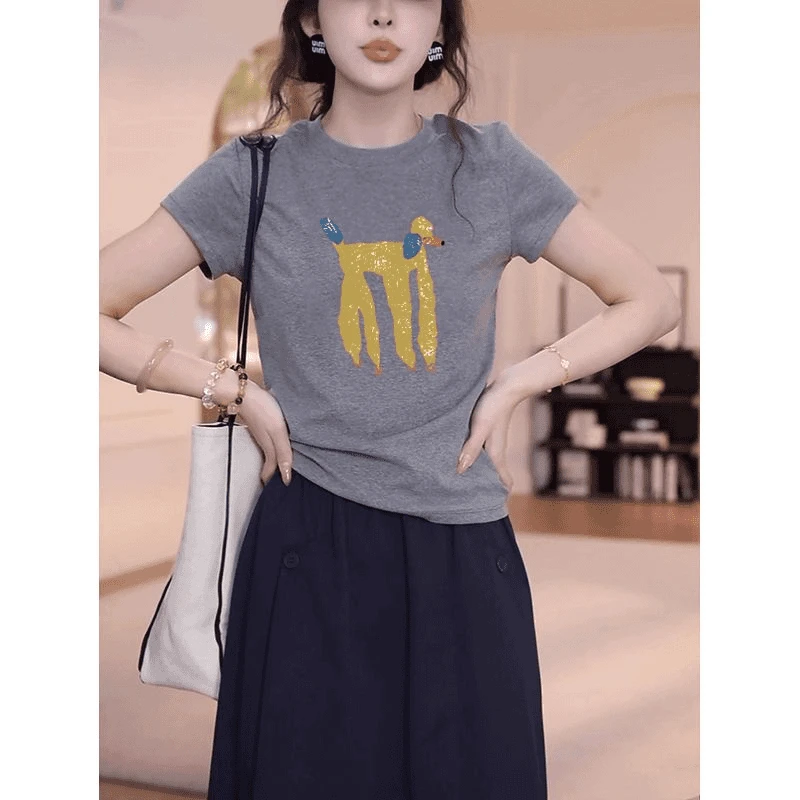 不撞款优质棉拉领修身短袖t恤女灰色小众设计感时尚减龄显瘦上衣