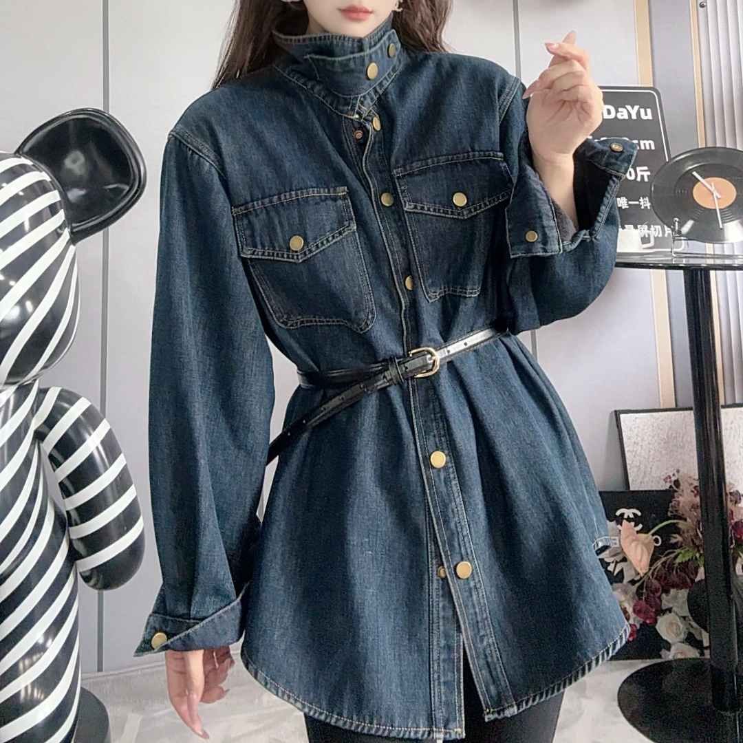 DAyu定制 复古长袖衬衣加绒牛仔中长款外套立领蝙蝠袖POLO领