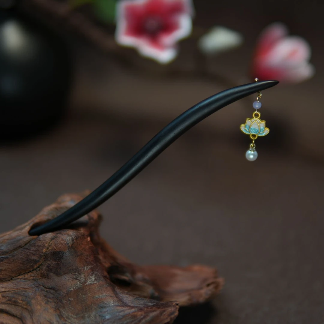 15厘米黑檀木盘发簪子精致日常百搭莲花新中式双面款