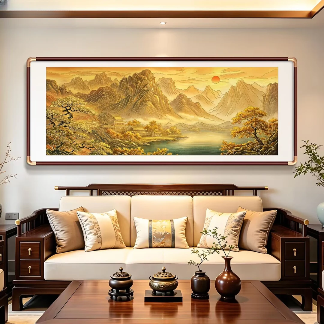 金山画靠山图新中式客厅装饰画沙发背景墙立体鎏金旭日东升山水画