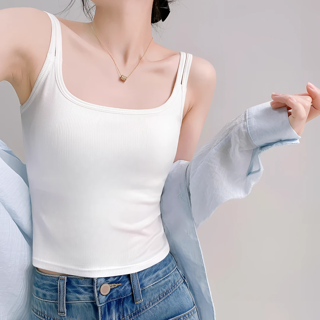 带胸垫95棉双肩带短款背心女外穿文胸一体修身显瘦吊带打底上衣薄
