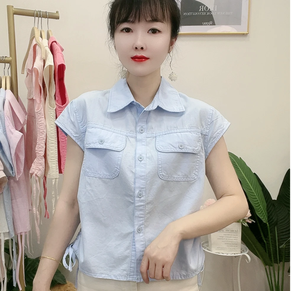 夏季POLO领不起球纯色系带衬衫上衣休闲宽松韩版翻领