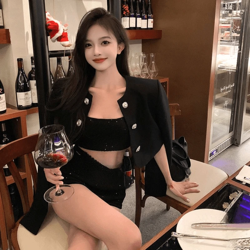 名媛轻奢小众圆领长袖修身显瘦短款外套女套装2024秋季新款BN0126