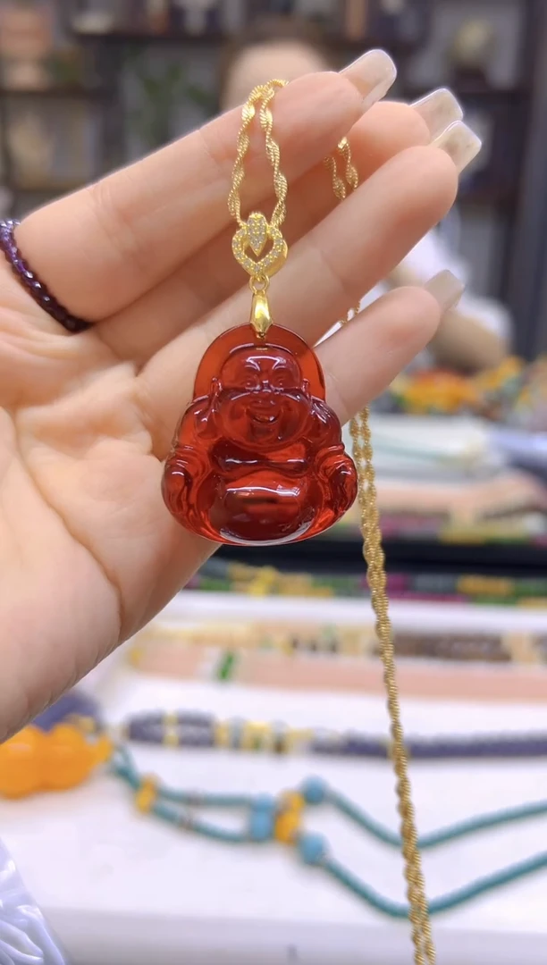 银S925镀金镶嵌吊坠(赠链)血珀DIY款D37