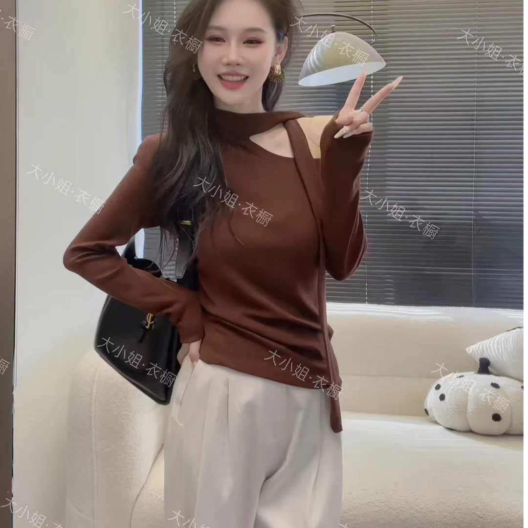 【DXJ家定制】秋季新款气质斜领露肩飘带长袖T恤显瘦打底衫上衣6133