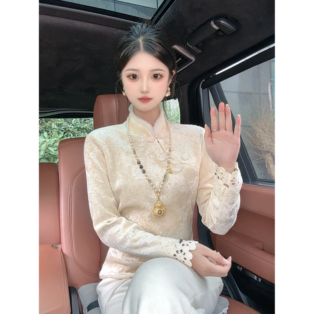 【苏妲己】2025新款新中式国风盘扣蕾丝袖加绒长袖内搭上衣25255