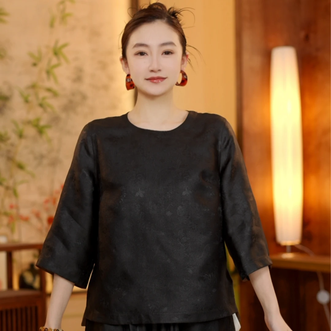 莹 新中式国风 2681507 细纱罗 重磅双面双穿 莨纱 圆领上衣 L59