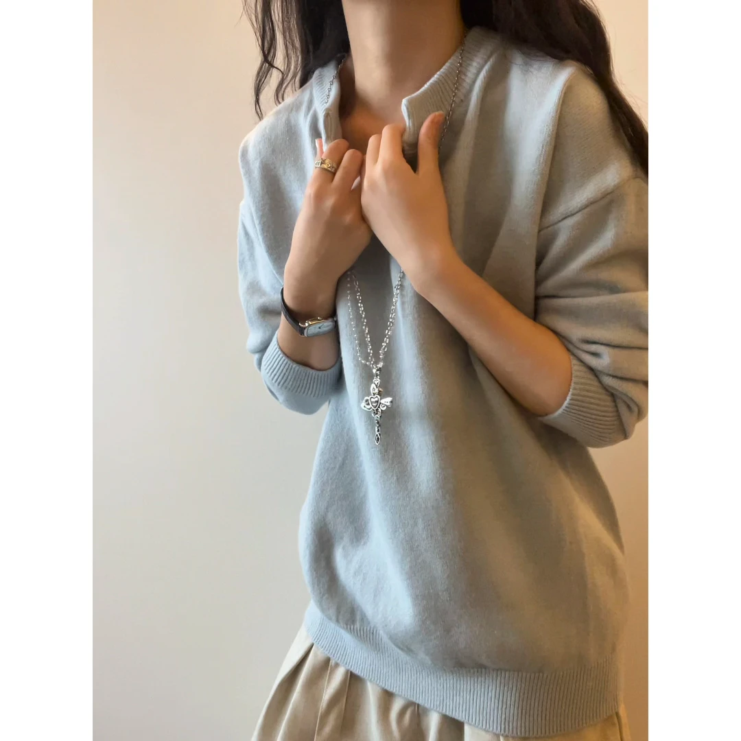 美式V领针织衫毛衣男秋高街潮牌纯色打底衫vibe高街百搭宽松上衣