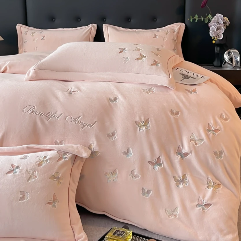 冬季可用加厚保暖刺绣四件套牛奶绒公主风