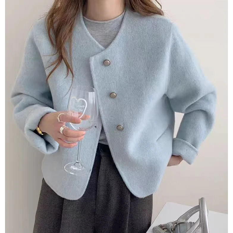2024年小香风大衣女短款气质韩版圆领羊毛呢外套百搭新款女款