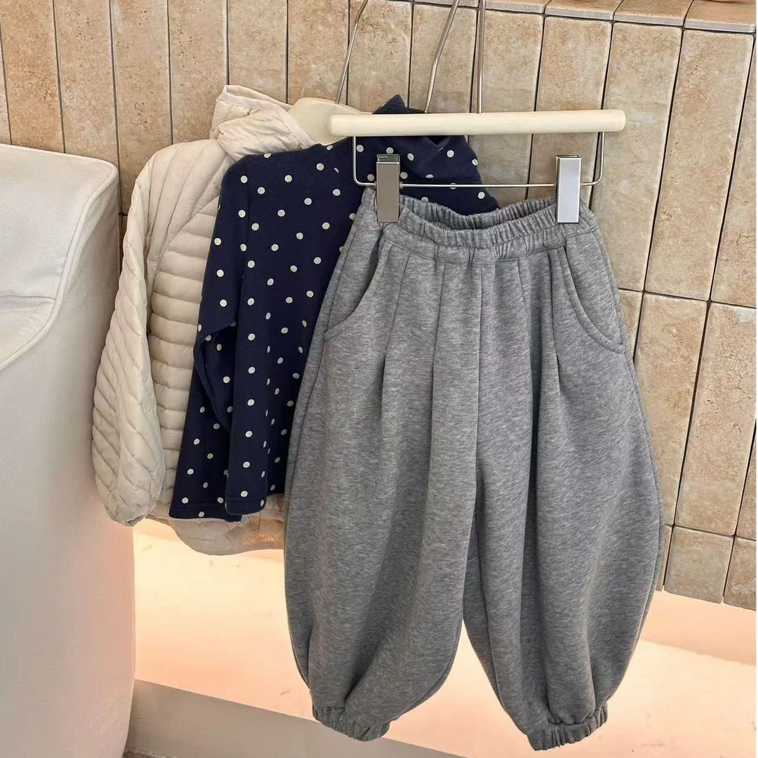 女童秋冬季洋气纯色加绒两道捏褶束脚宽松百搭休闲裤31824