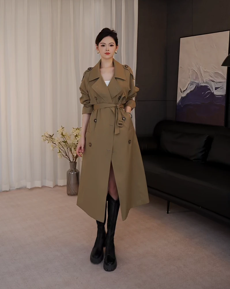卡其色ins宽松新款英伦休闲风设计感小众高级长款秋季风衣